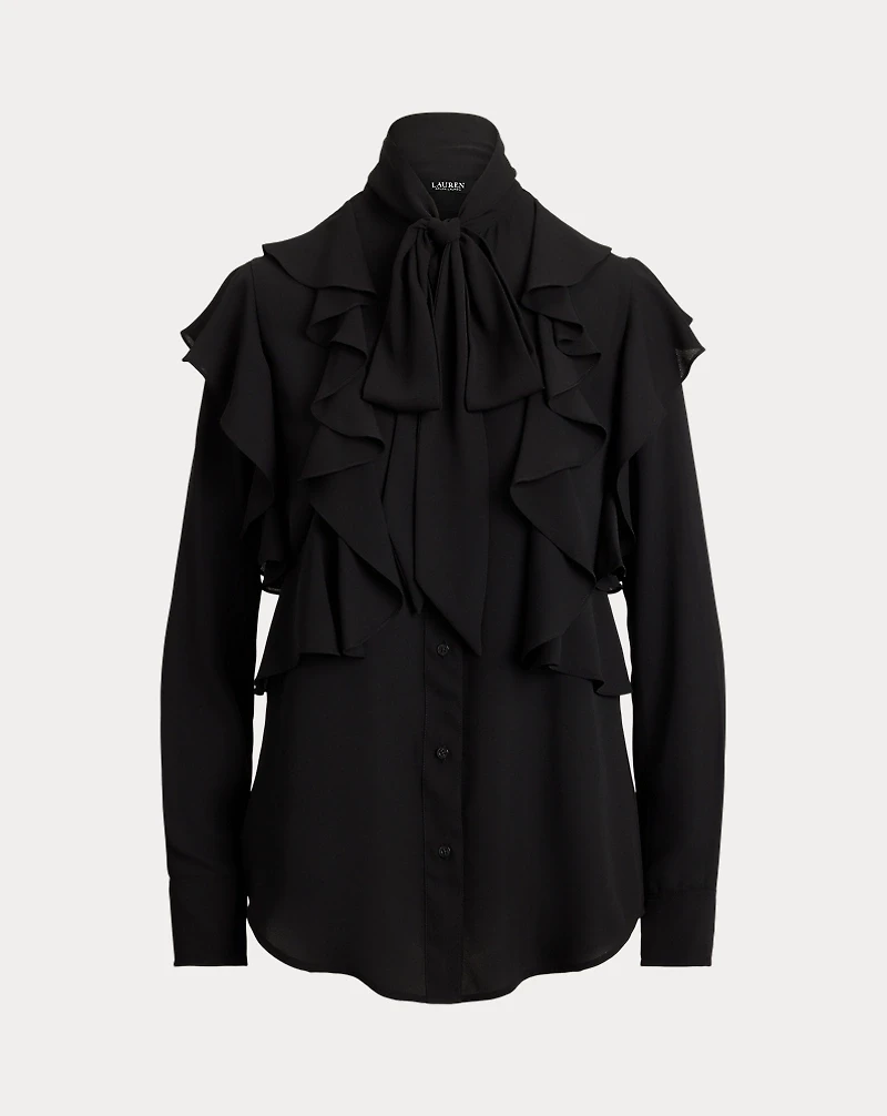 Ruffle-Trim Georgette Tie-Neck Blouse
