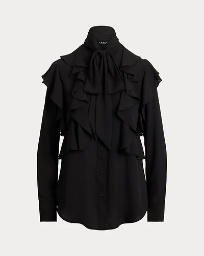 Ruffle-Trim Georgette Tie-Neck Blouse