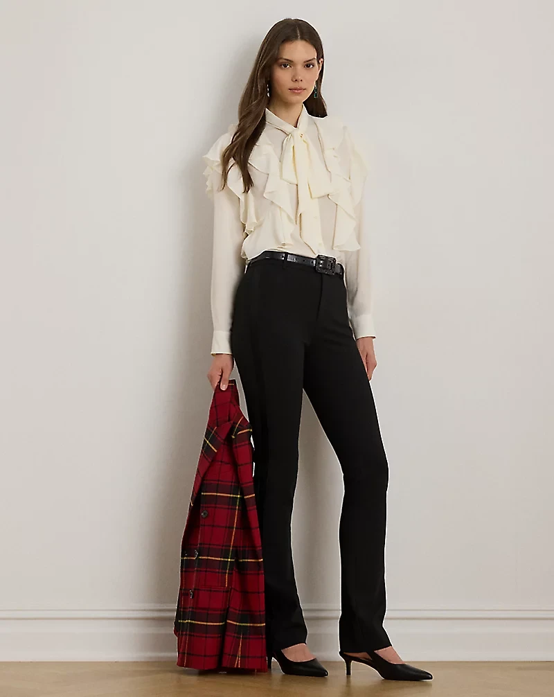 Ruffle-Trim Georgette Tie-Neck Blouse