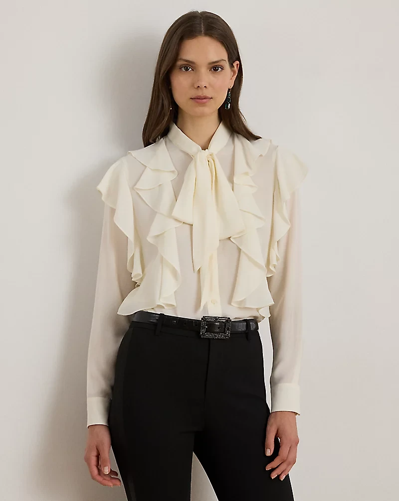 Ruffle-Trim Georgette Tie-Neck Blouse