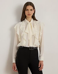 Ruffle-Trim Georgette Tie-Neck Blouse