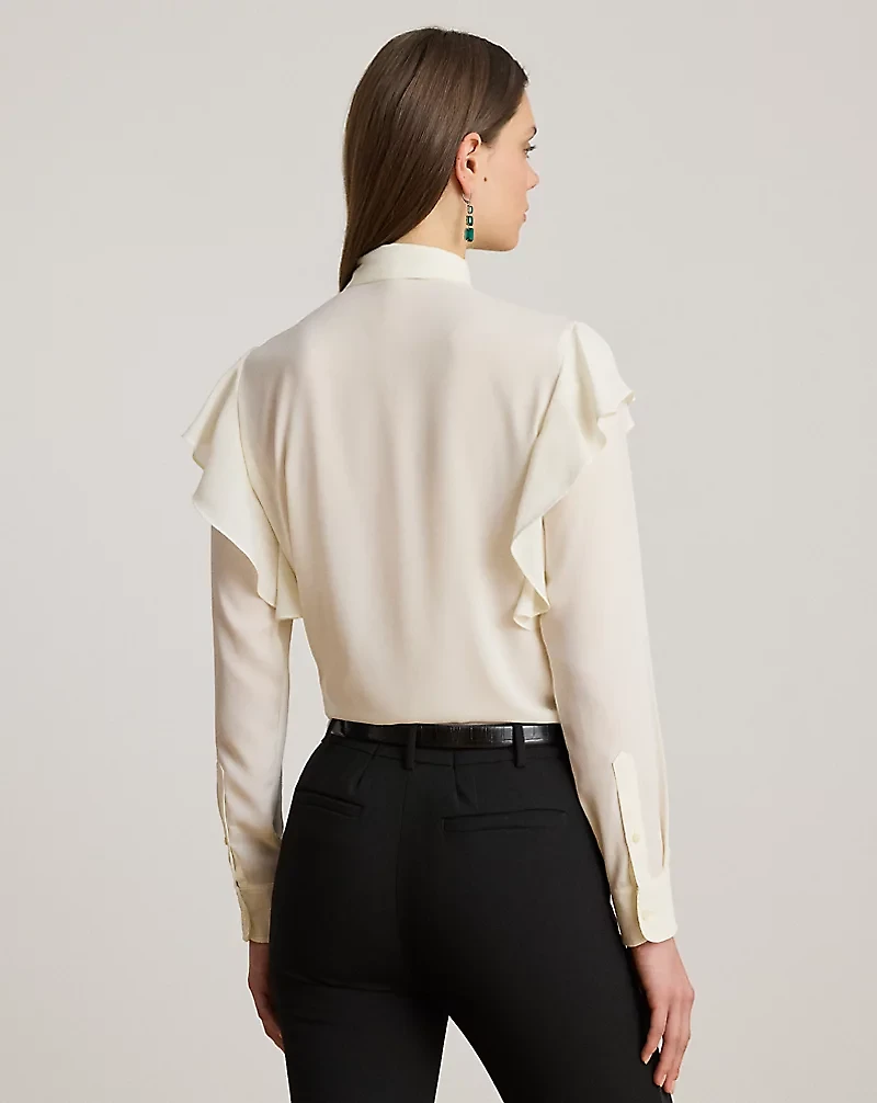 Ruffle-Trim Georgette Tie-Neck Blouse
