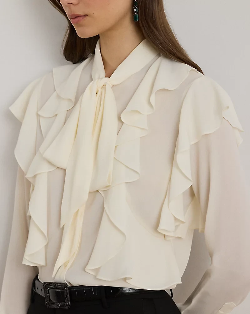 Ruffle-Trim Georgette Tie-Neck Blouse