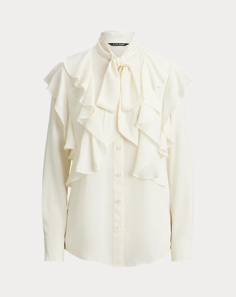 Ruffle-Trim Georgette Tie-Neck Blouse