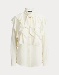 Ruffle-Trim Georgette Tie-Neck Blouse
