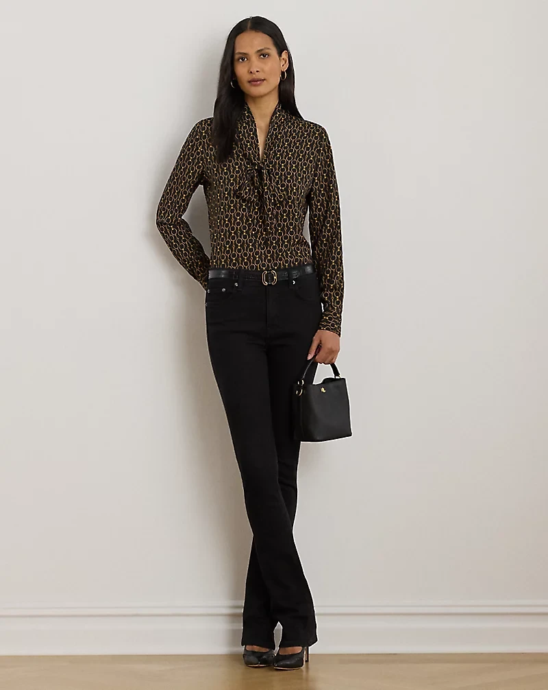 Chain-Print Crepe Tie-Neck Blouse