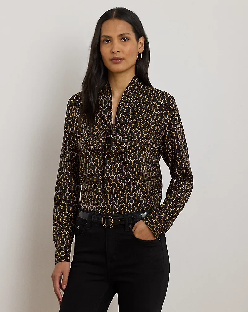 Chain-Print Crepe Tie-Neck Blouse
