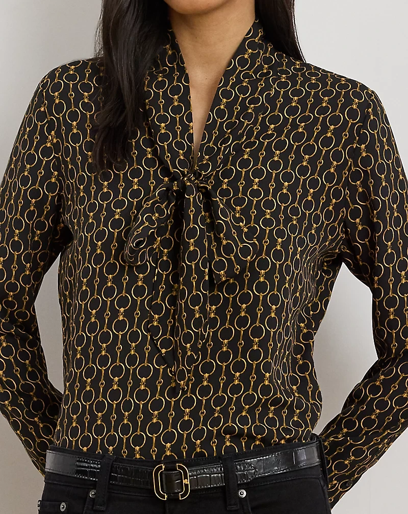 Chain-Print Crepe Tie-Neck Blouse