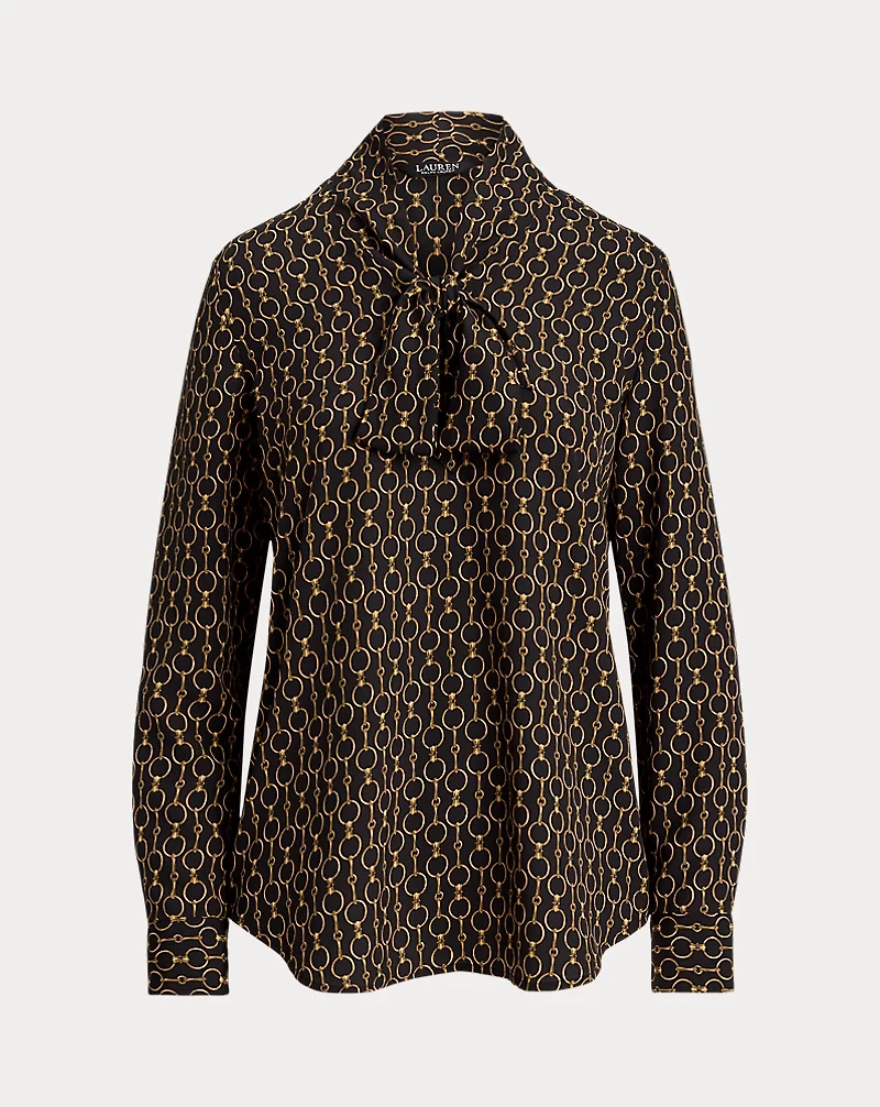Chain-Print Crepe Tie-Neck Blouse
