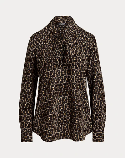 Chain-Print Crepe Tie-Neck Blouse