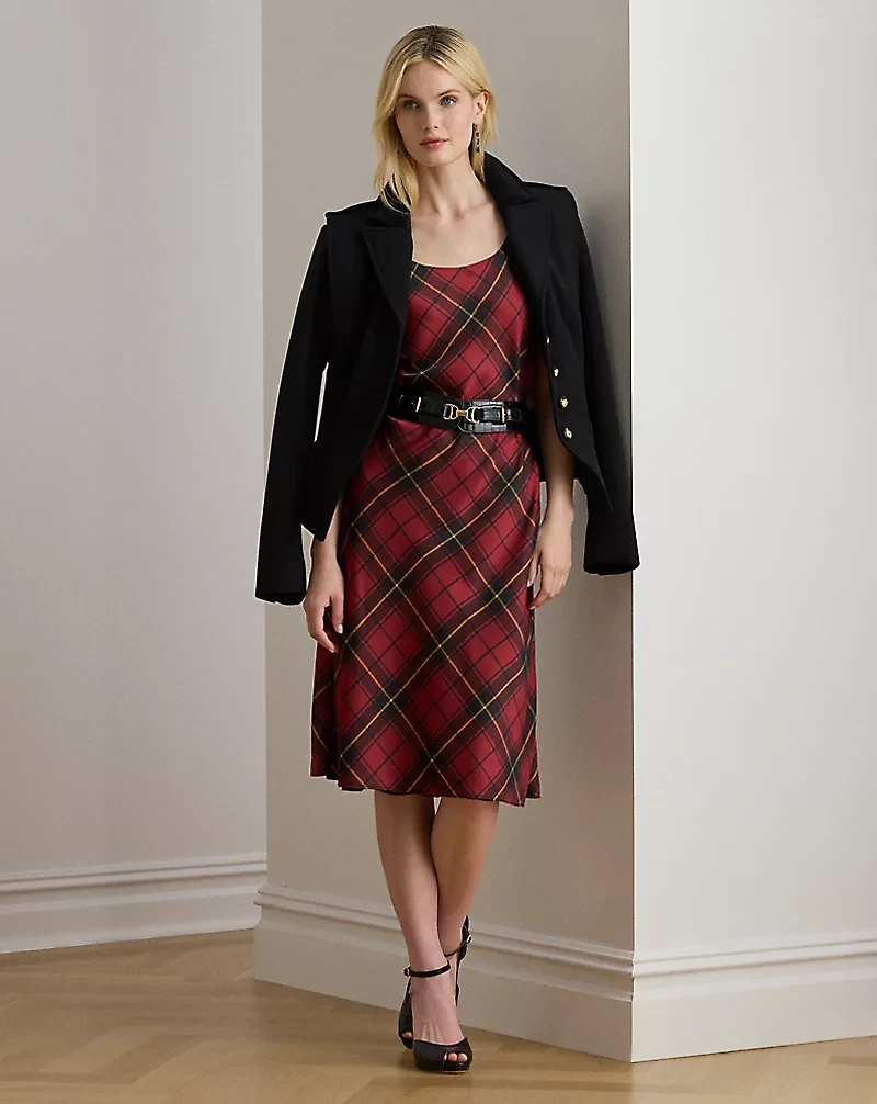 Plaid Satin Sleeveless Cocktail Dress
