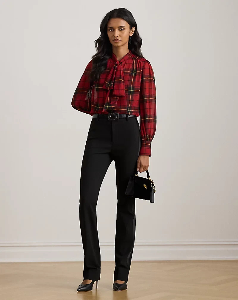 Checked Plaid Georgette Tie-Neck Blouse