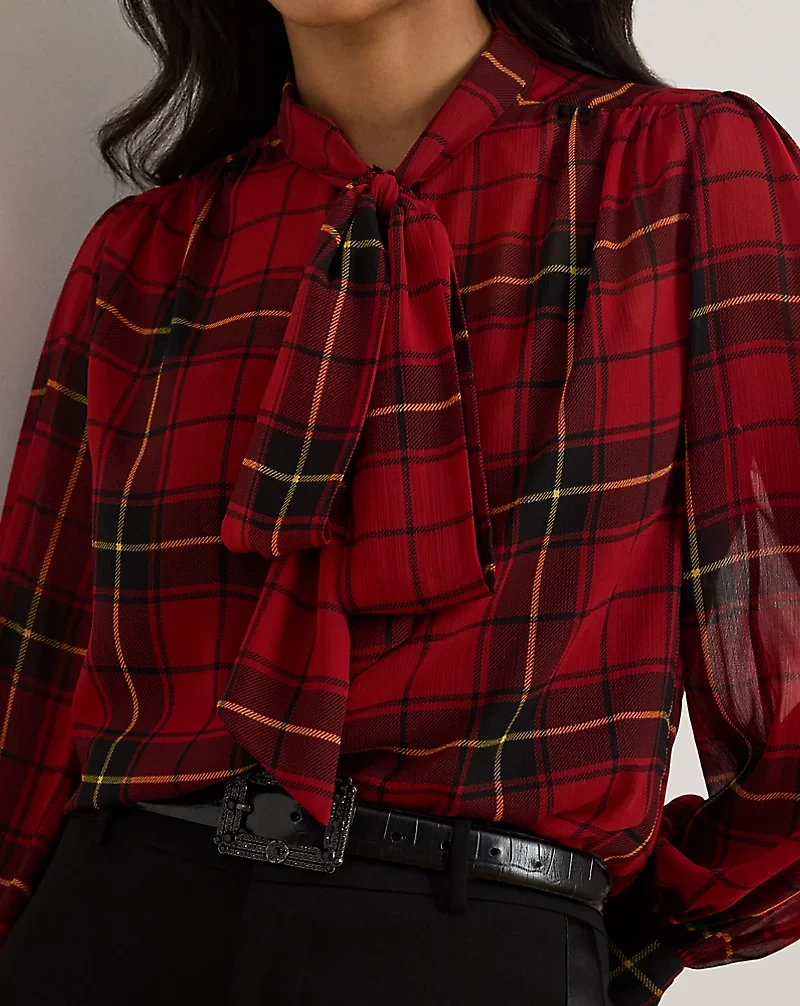 Checked Plaid Georgette Tie-Neck Blouse