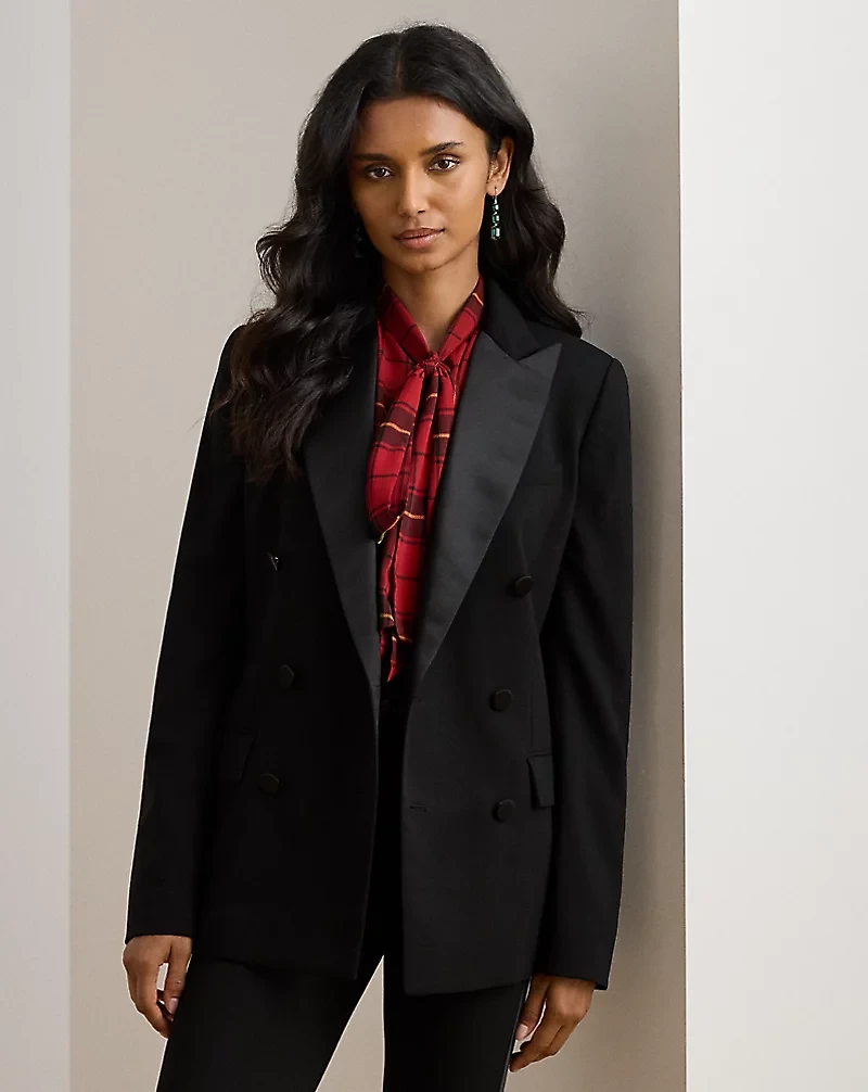 Double-Breasted Satin-Trim Crepe Blazer