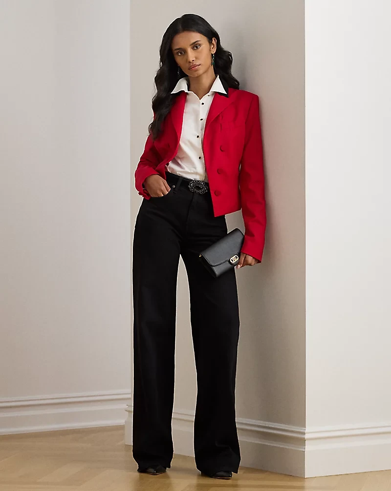 Velvet-Trim Wool Twill Cropped Blazer