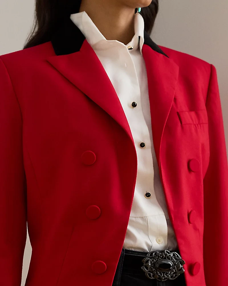 Velvet-Trim Wool Twill Cropped Blazer
