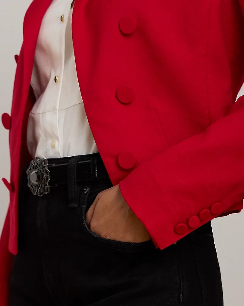 Velvet-Trim Wool Twill Cropped Blazer