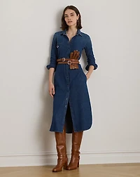 Horsebit-Trim Belted Denim Shirtdress