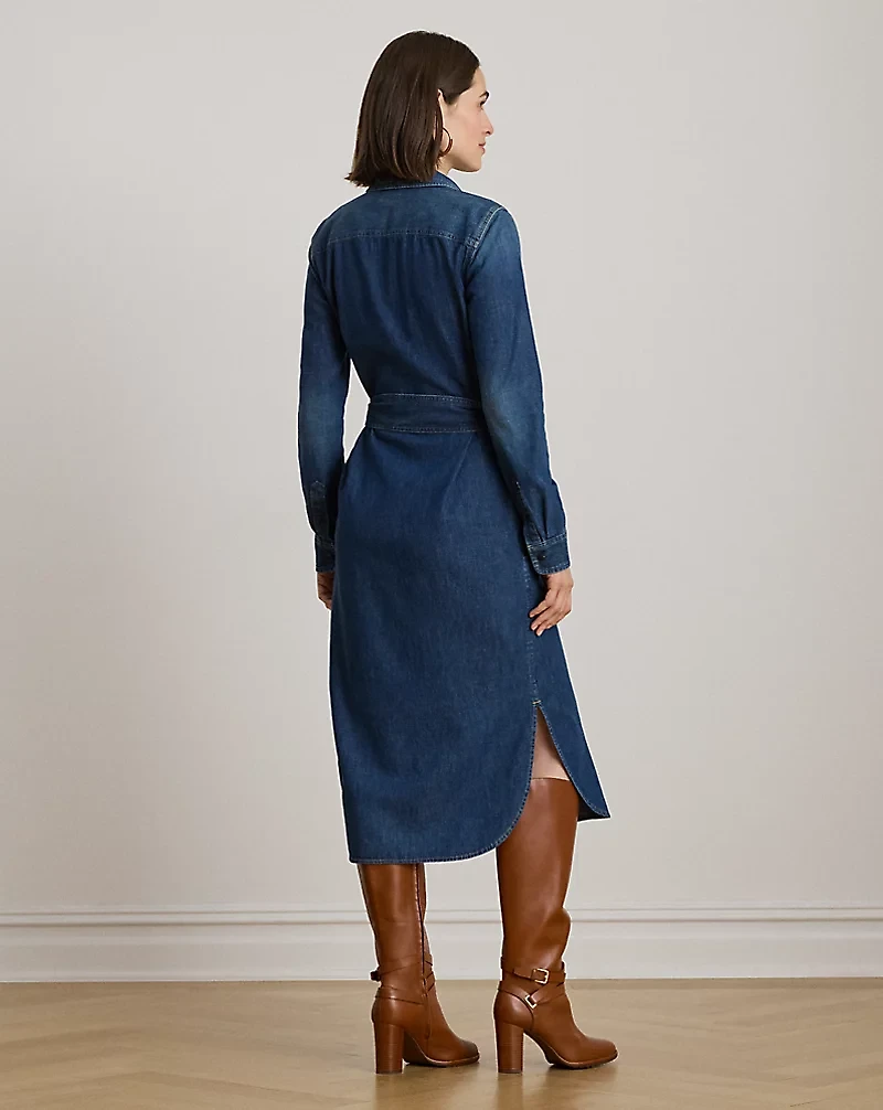 Horsebit-Trim Belted Denim Shirtdress