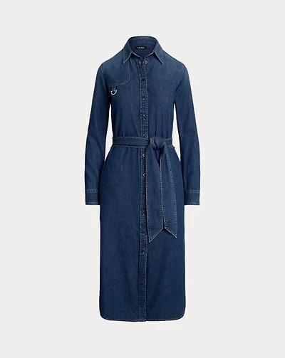 Horsebit-Trim Belted Denim Shirtdress