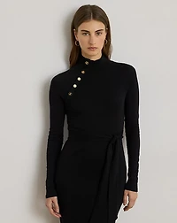 Button-Trim Rib-Knit Mockneck Dress