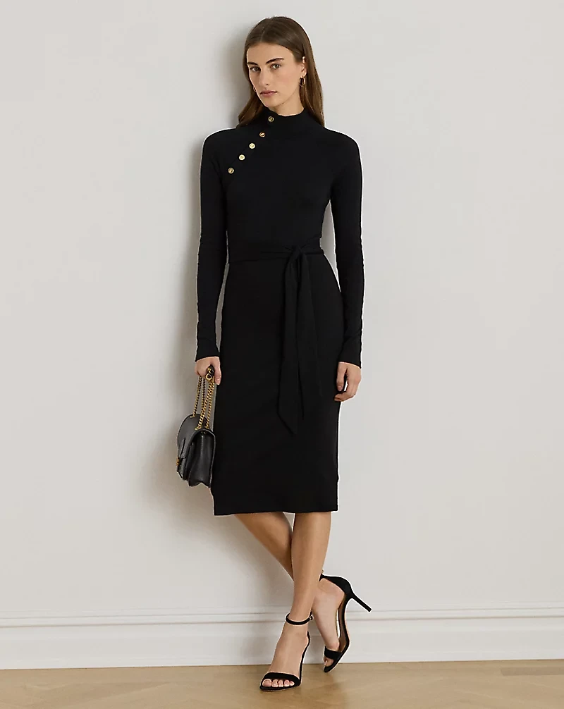 Button-Trim Rib-Knit Mockneck Dress