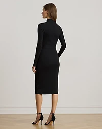 Button-Trim Rib-Knit Mockneck Dress