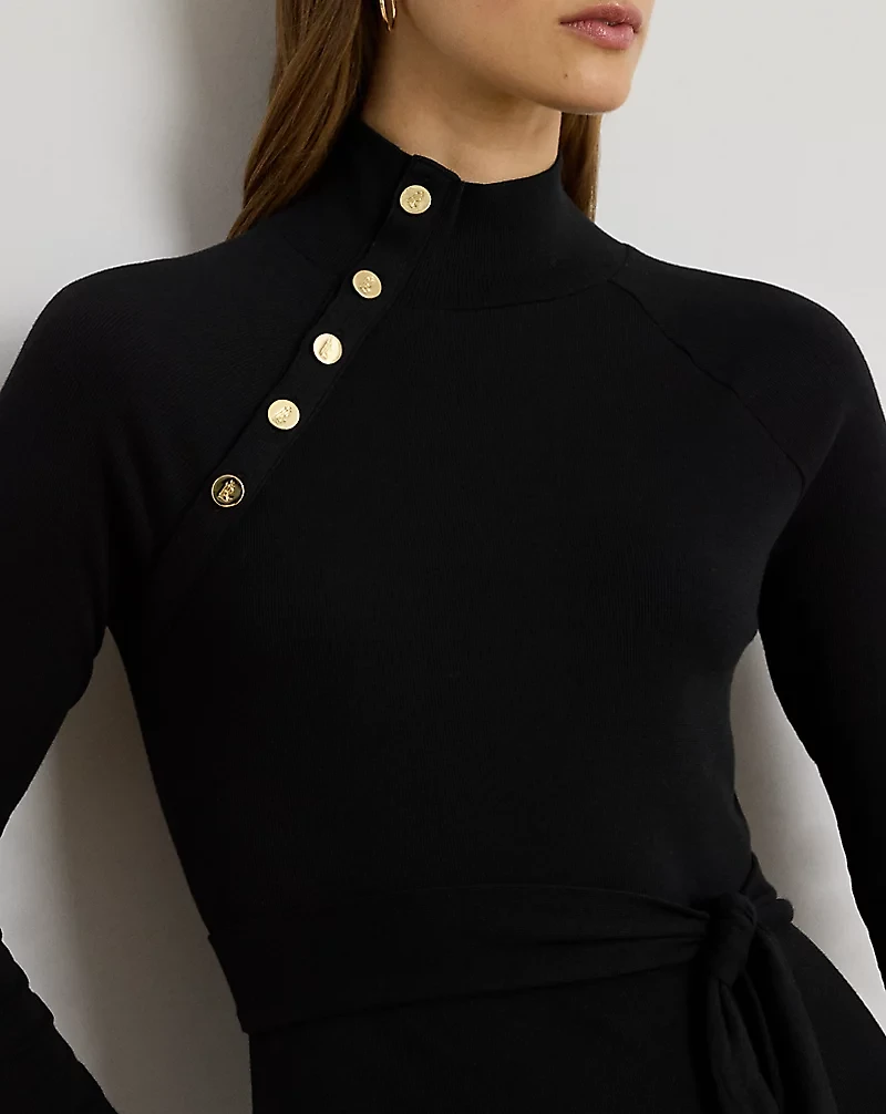 Button-Trim Rib-Knit Mockneck Dress