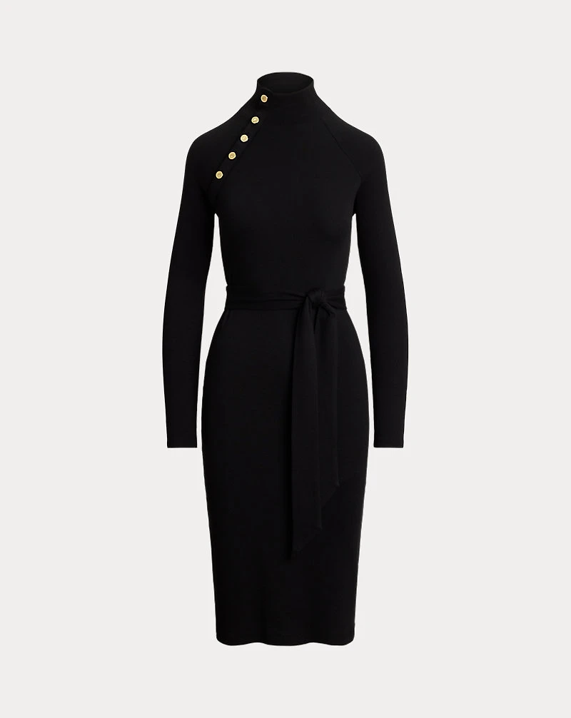 Button-Trim Rib-Knit Mockneck Dress