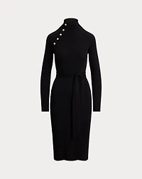 Button-Trim Rib-Knit Mockneck Dress