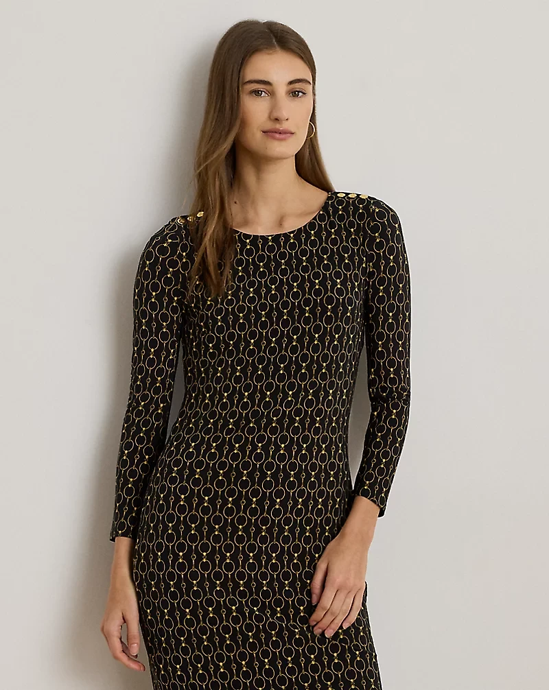 Chain-Print Three-Quarter-Sleeve Dress
