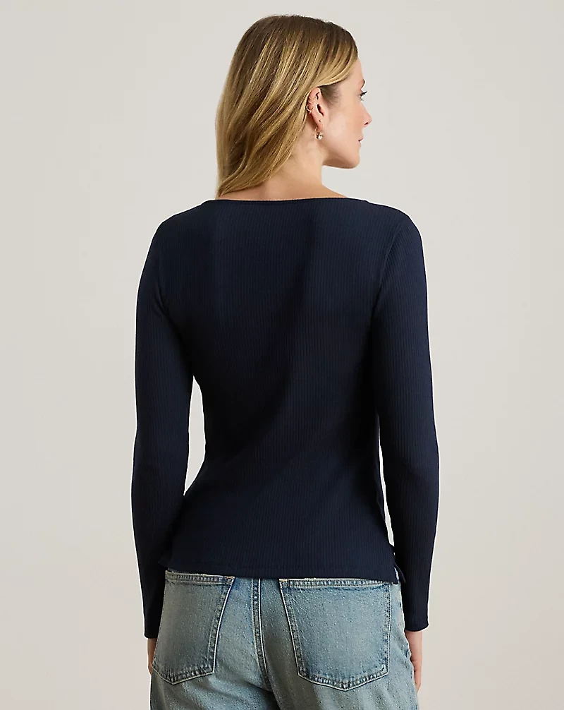 Rib-Knit Long-Sleeve Scoopneck Tee