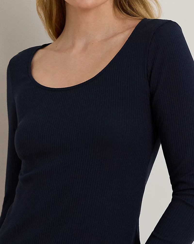 Rib-Knit Long-Sleeve Scoopneck Tee