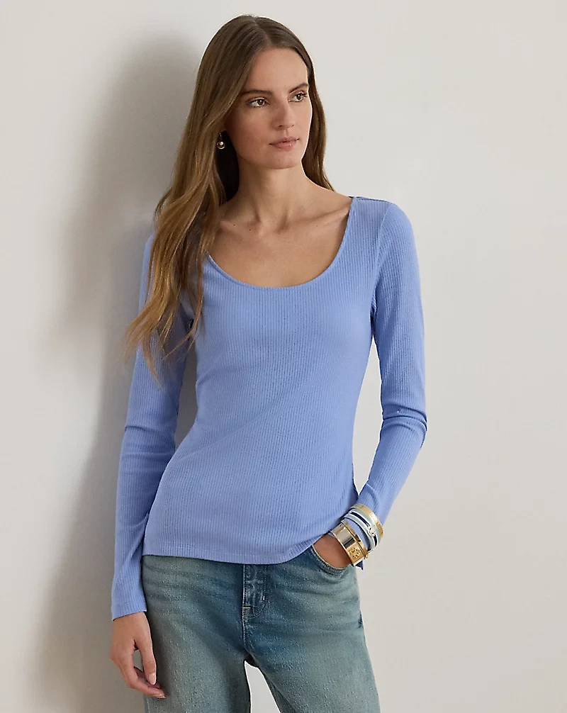 Rib-Knit Long-Sleeve Scoopneck Tee
