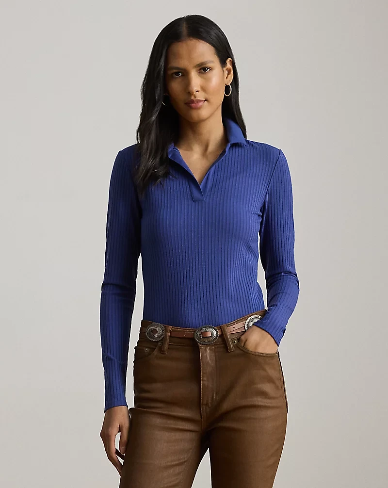 Rib-Knit Long-Sleeve Polo Top