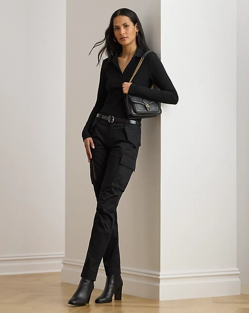 Rib-Knit Long-Sleeve Polo Top