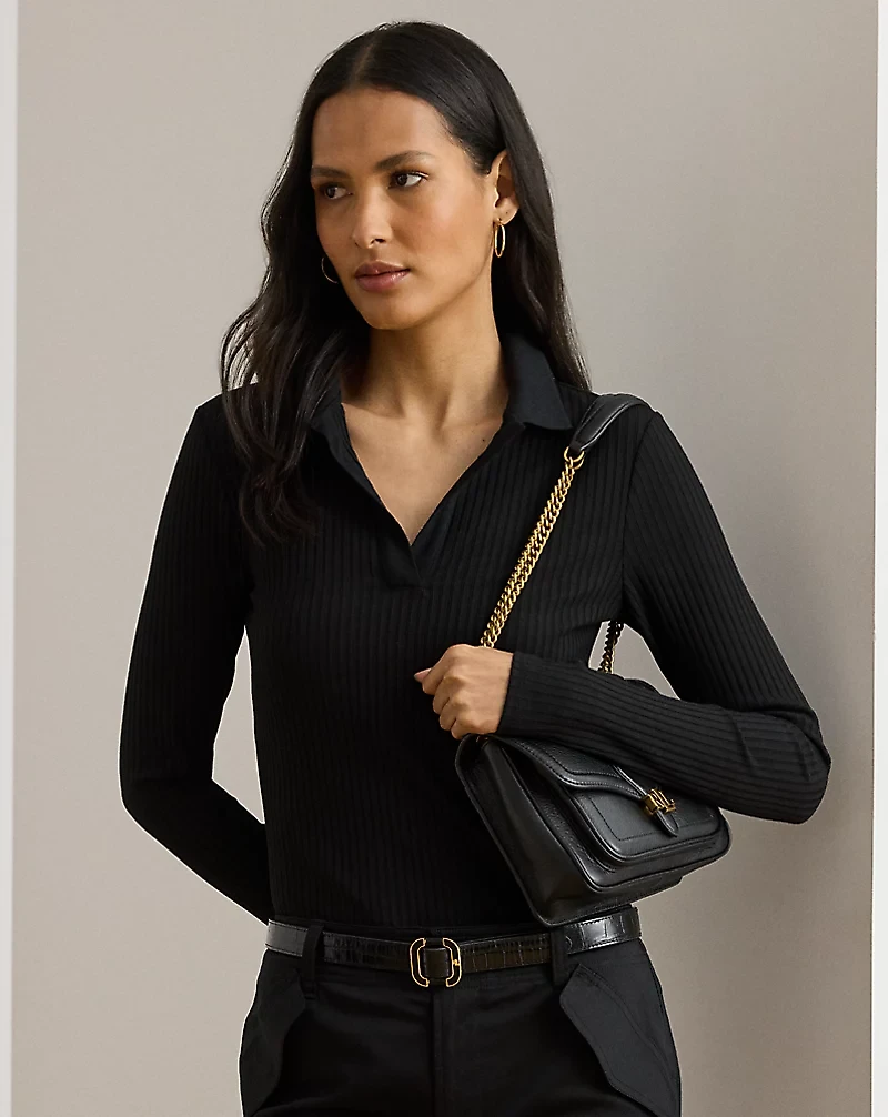 Rib-Knit Long-Sleeve Polo Top