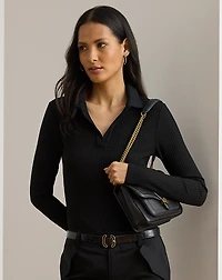 Rib-Knit Long-Sleeve Polo Top