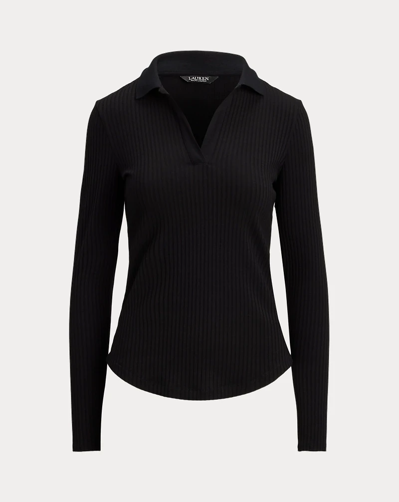 Rib-Knit Long-Sleeve Polo Top