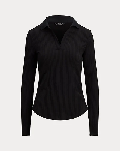 Rib-Knit Long-Sleeve Polo Top