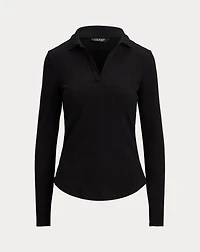 Rib-Knit Long-Sleeve Polo Top