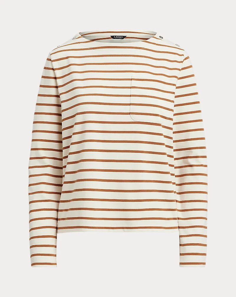 Striped Jersey Snap-Trim Boatneck Top