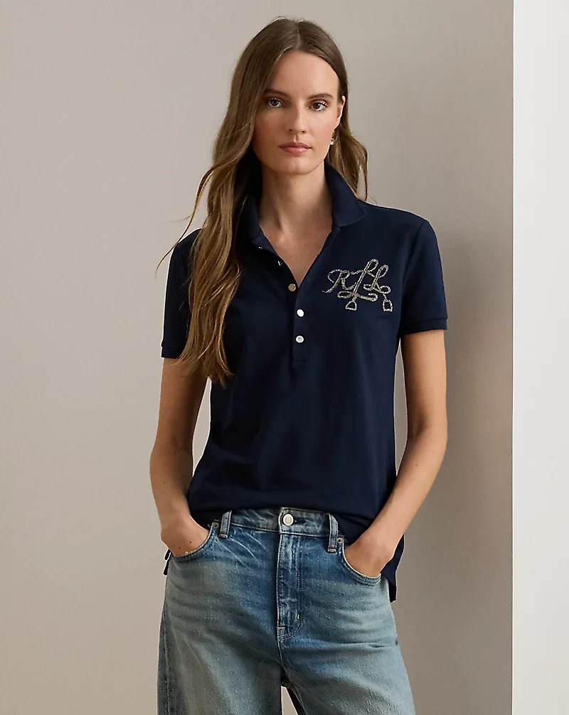 Beaded-Logo Cotton Piqué Polo Shirt