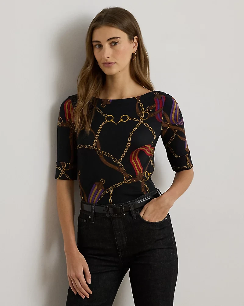 Print Stretch Cotton Boatneck Tee