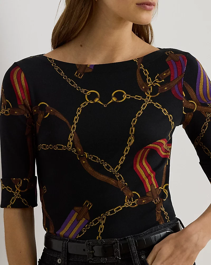 Print Stretch Cotton Boatneck Tee