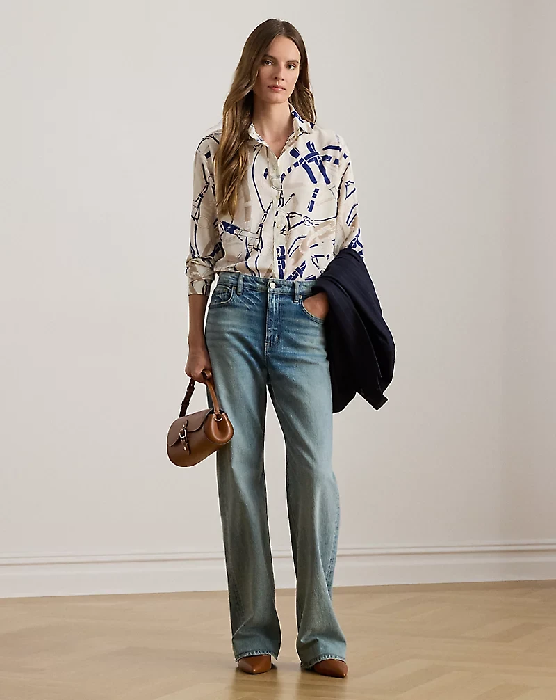 Relaxed Fit Belting-Print Crepe Shirt