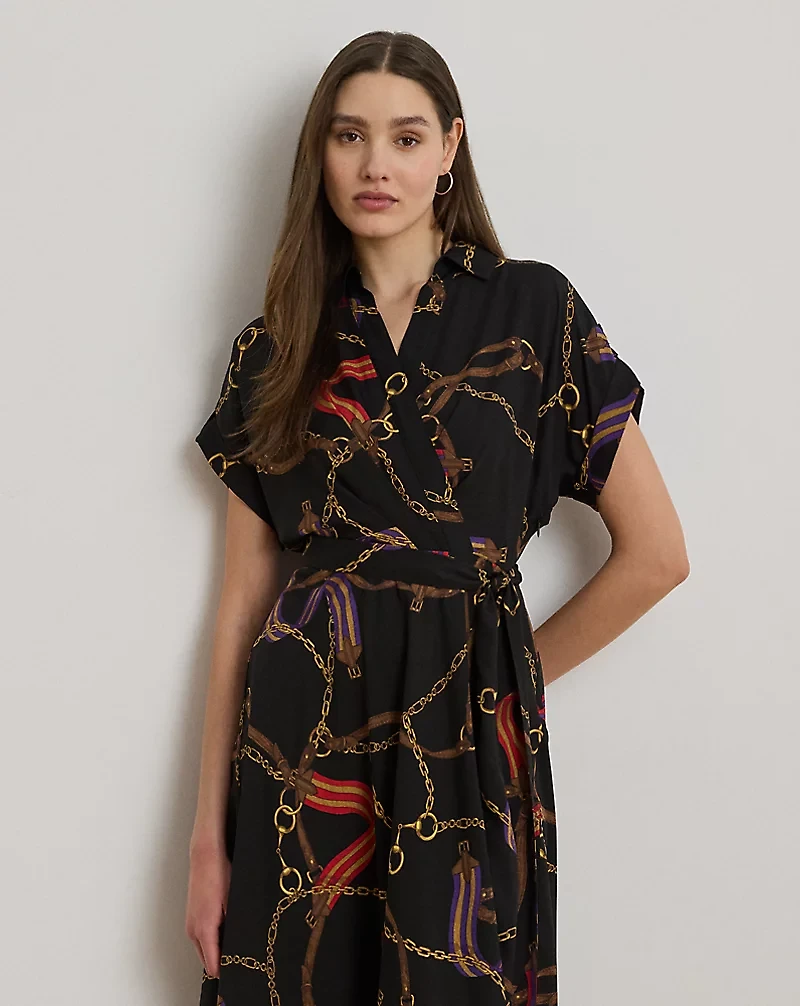 Belting-Print Belted Crepe Dress