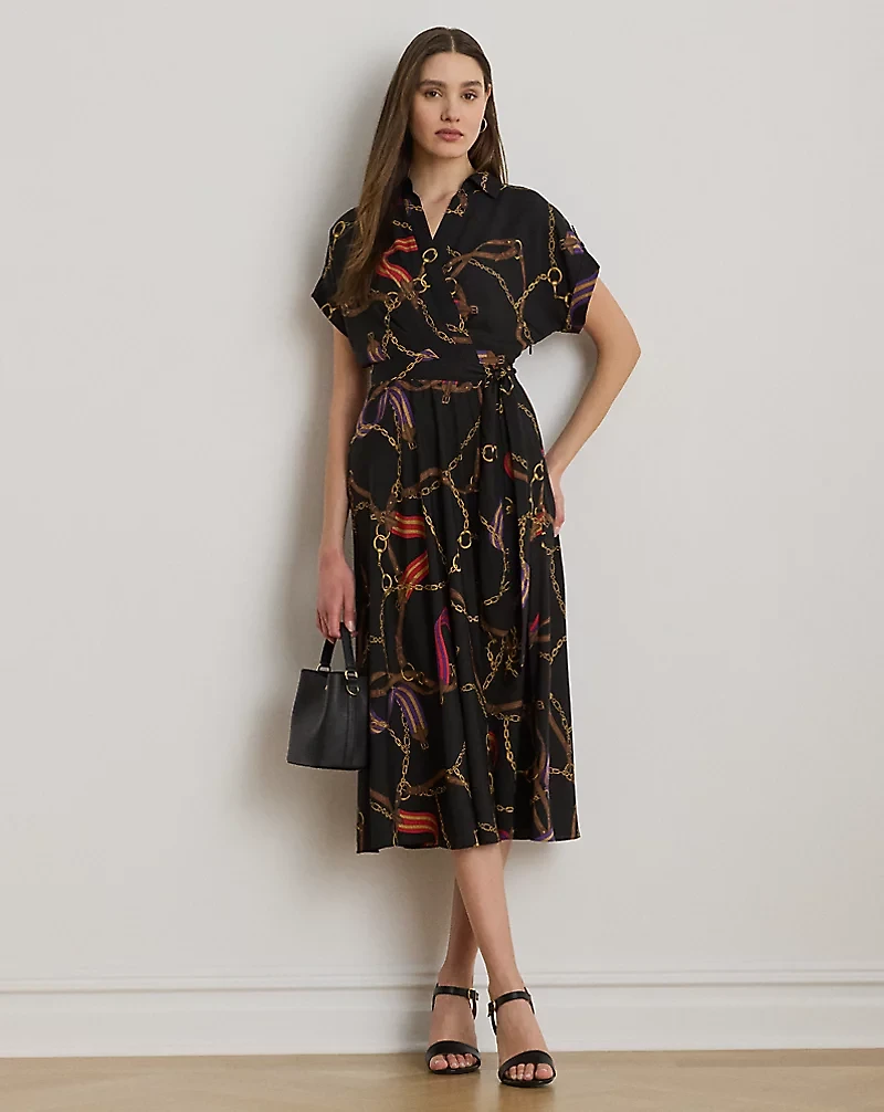 Belting-Print Belted Crepe Dress