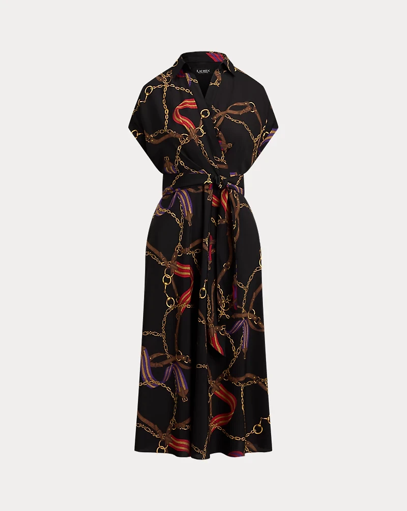 Belting-Print Belted Crepe Dress