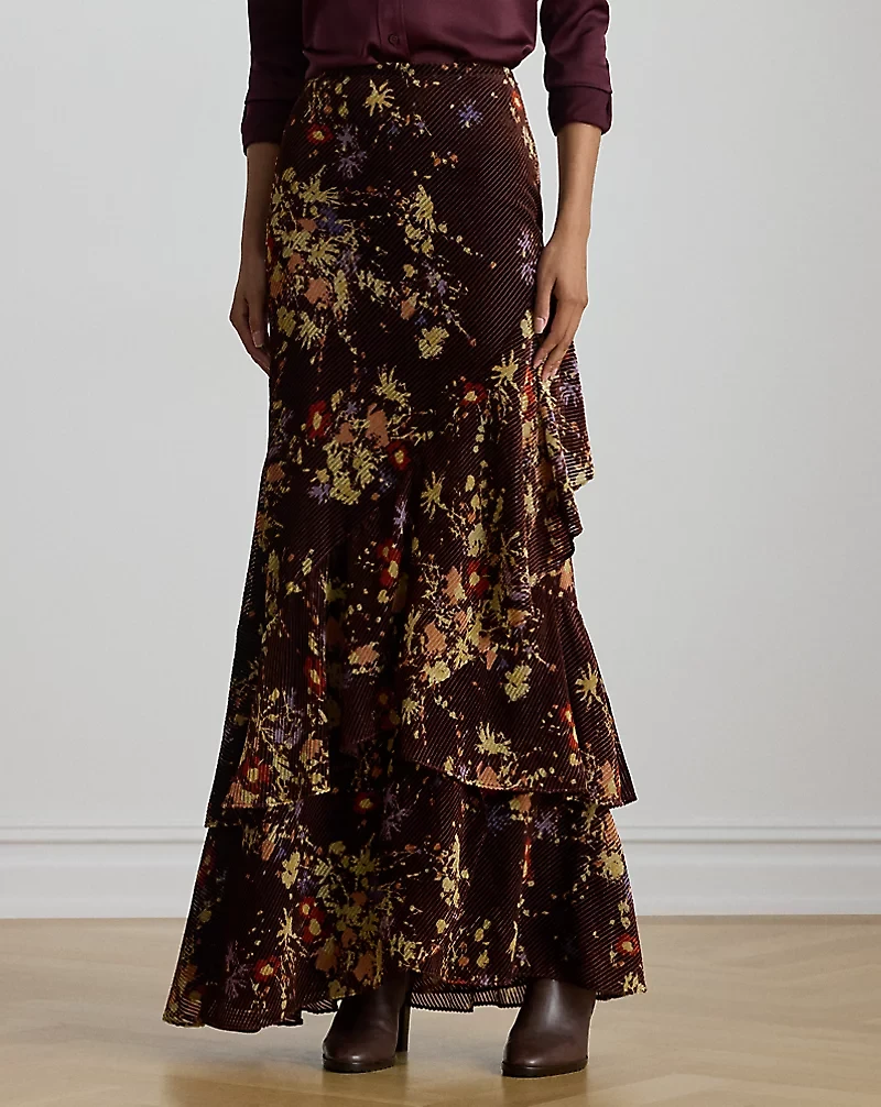 Floral Burnout Velvet Tiered Maxiskirt